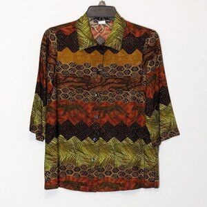 Women's CACTUS FLOWER African Jungle Themed 3/4 Sleeve Button Blouse; Size XS